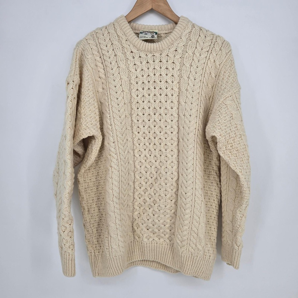 Vtg 100% Wool  Mens L Irish Aran Cable Knit Sweater Warm Cozy Preppy Cottagecore